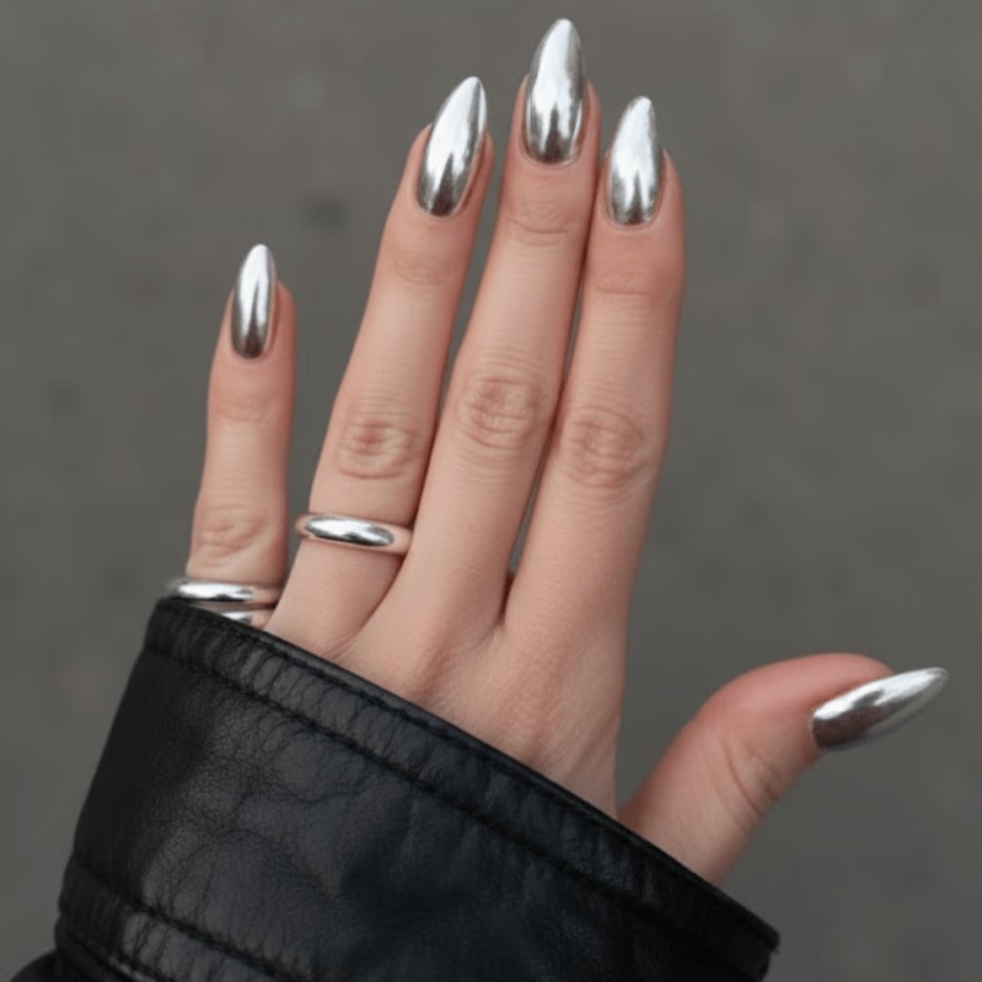 Flawless Medium Almond Silver Chrome With Full Coverage Flawless Medium Almond Silver Chrome With Full Coverage — Elegant Silver Nails