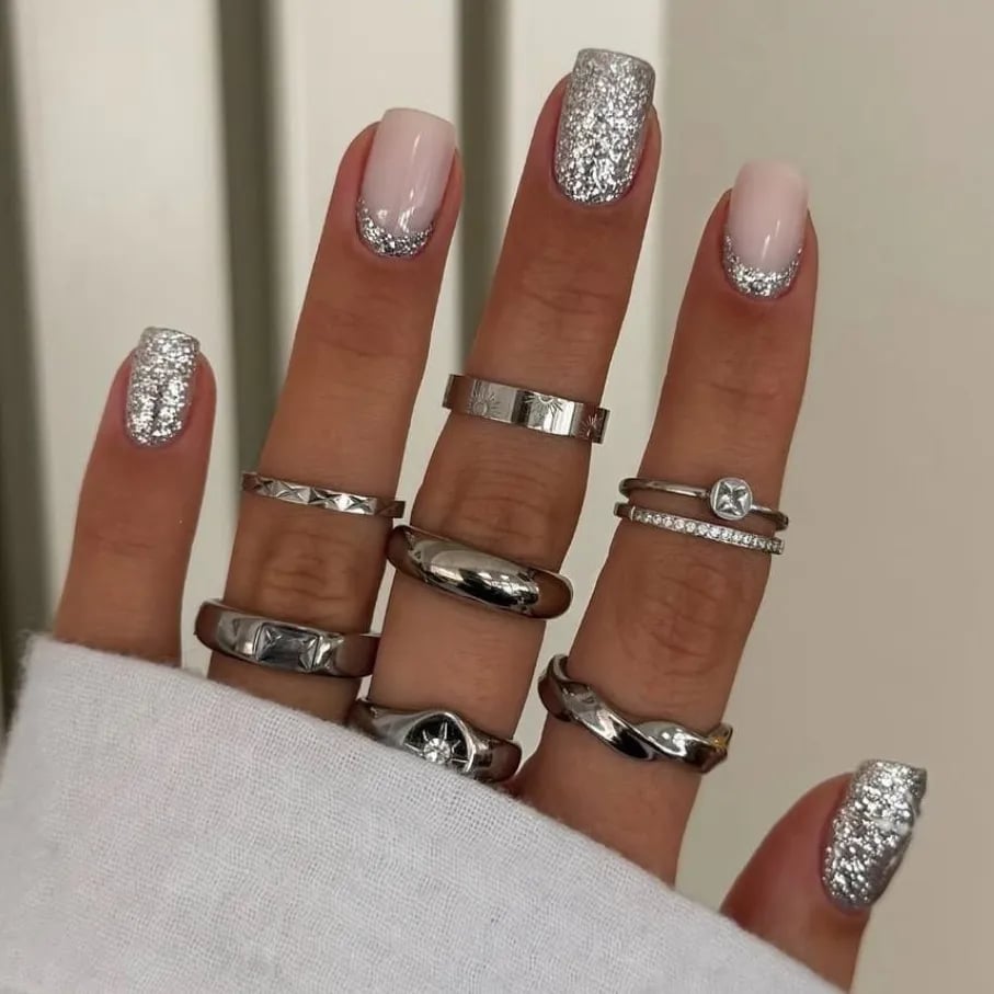 Medium Square Nude Glitter French Accent Medium Square Nude Glitter French Accent — Elegant Silver Nails