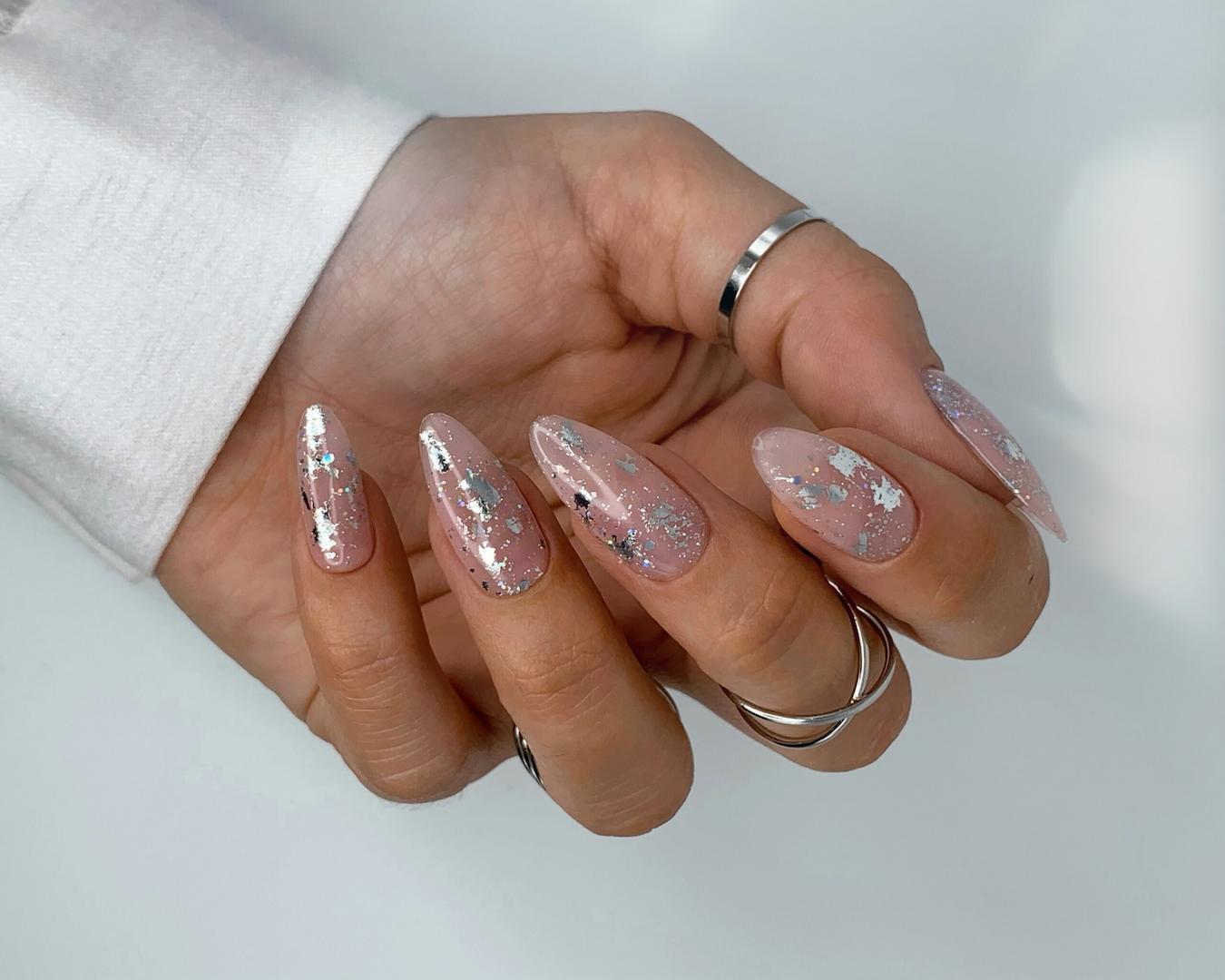 Long Almond Nude Scattered Silver Foil Long Almond Nude Scattered Silver Foil — Elegant Silver Nails