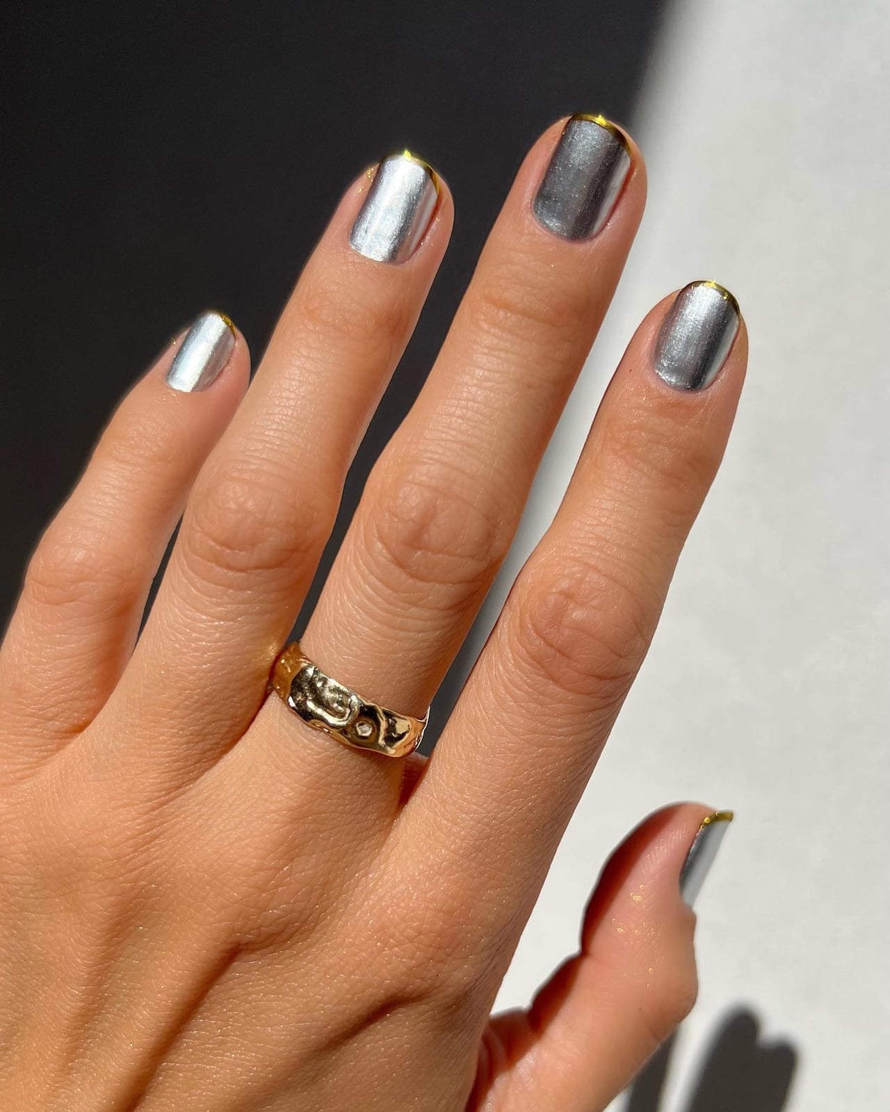 Short Almond Silver Gold Tip Short Almond Silver Gold Tip — Elegant Silver Nails