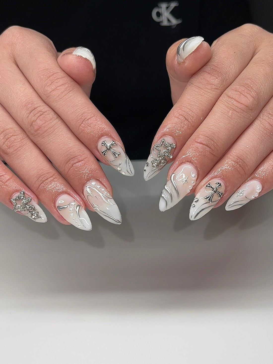 Long Stiletto White Base Silver Charms Long Stiletto White Base Silver Charms — Elegant Silver Nails