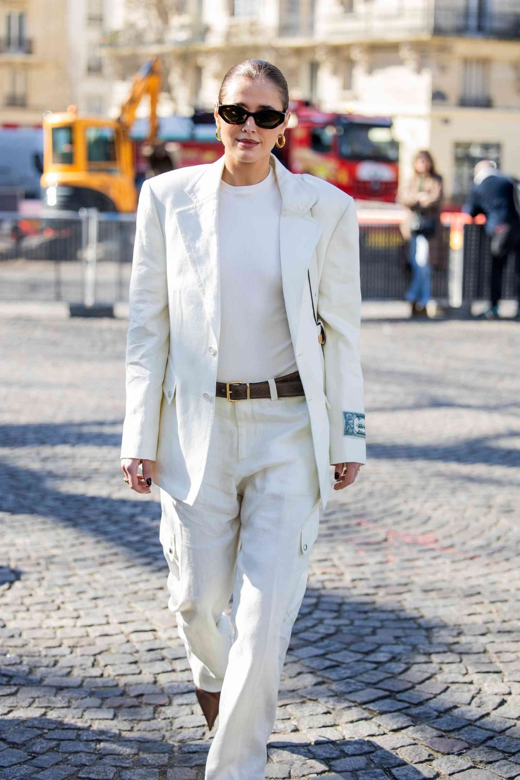 Oversized White Linen Blazer With Brown Accessories — Elegant White Jacket Outfit