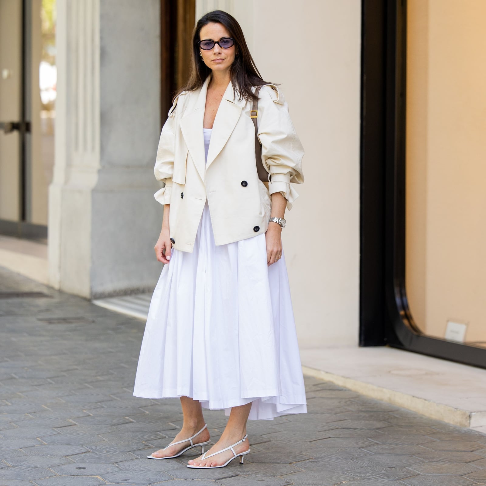White Jacket Over Flowing White Midi Dress — Elegant White Jacket Outfit