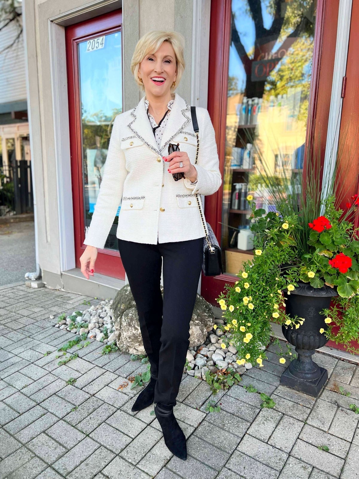 Fitted White Tweed Jacket With Gold Buttons — Elegant White Jacket Outfit
