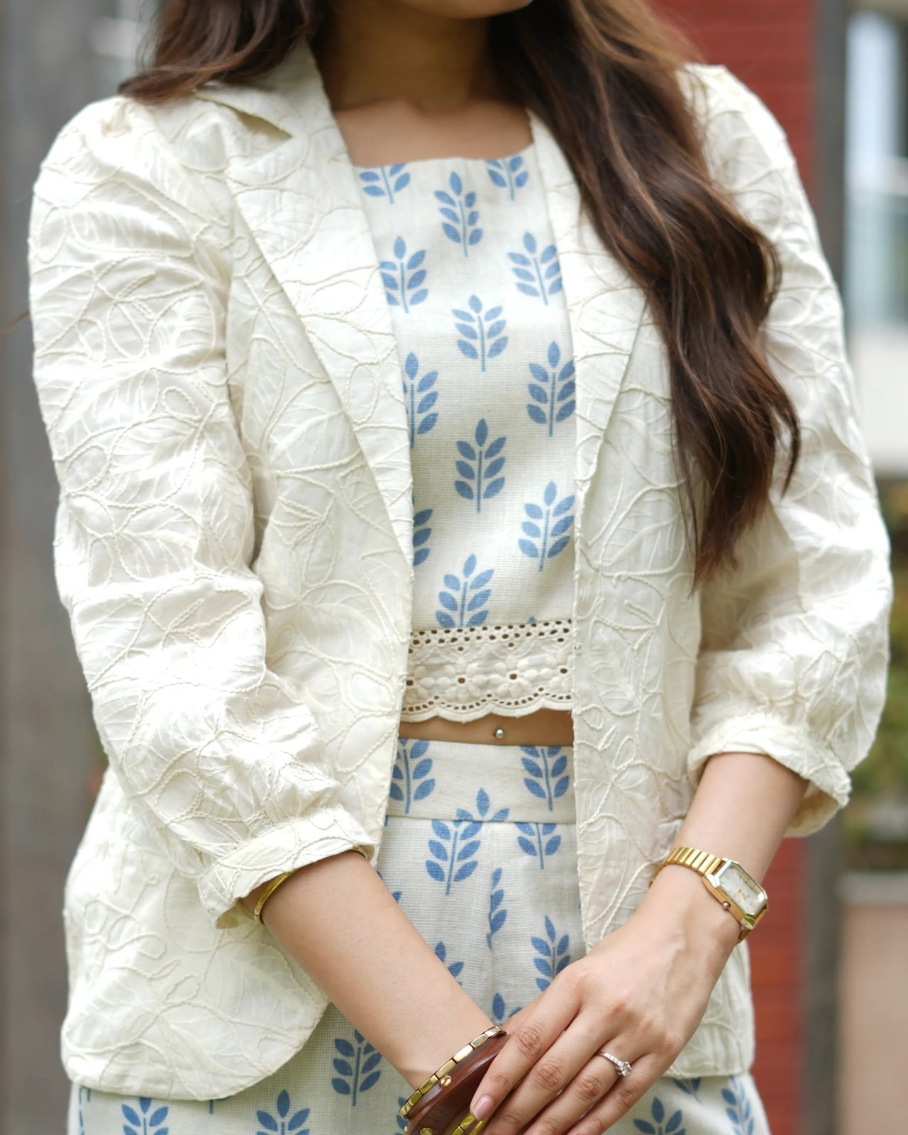 White Embroidered Jacket With Crop Top — Elegant White Jacket Outfit