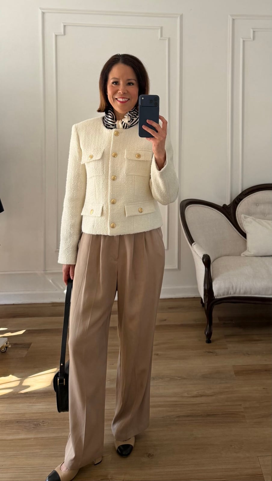 Cream Tweed Jacket With Gold Buttons and Two-Tone Cap-Toe Shoes — Elegant White Jacket Outfit