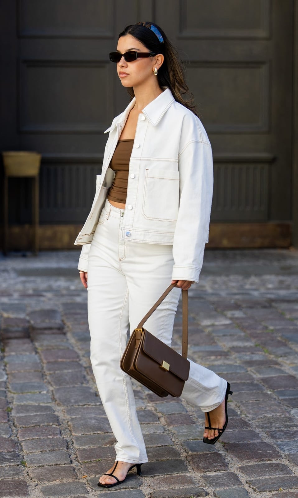White Denim Jacket With Contrast Stitching — Elegant White Jacket Outfit