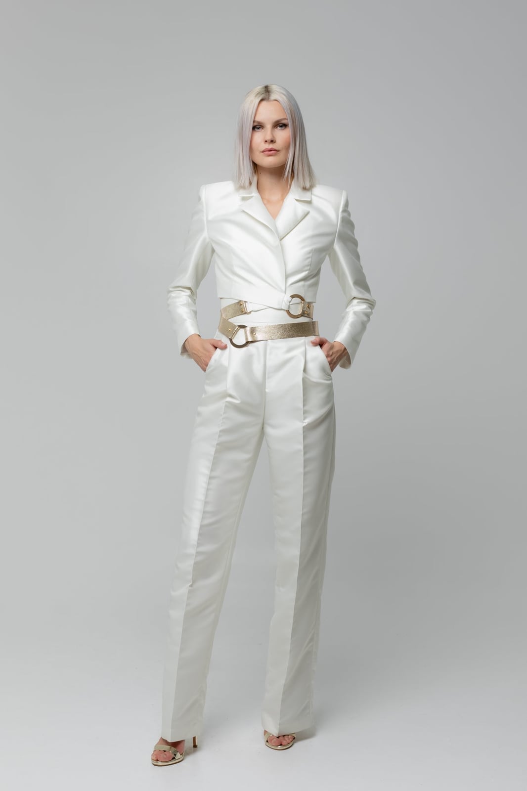 White Satin Double Breasted Jacket With Gold Belt, Close-Up Take — Elegant White Jacket Outfit