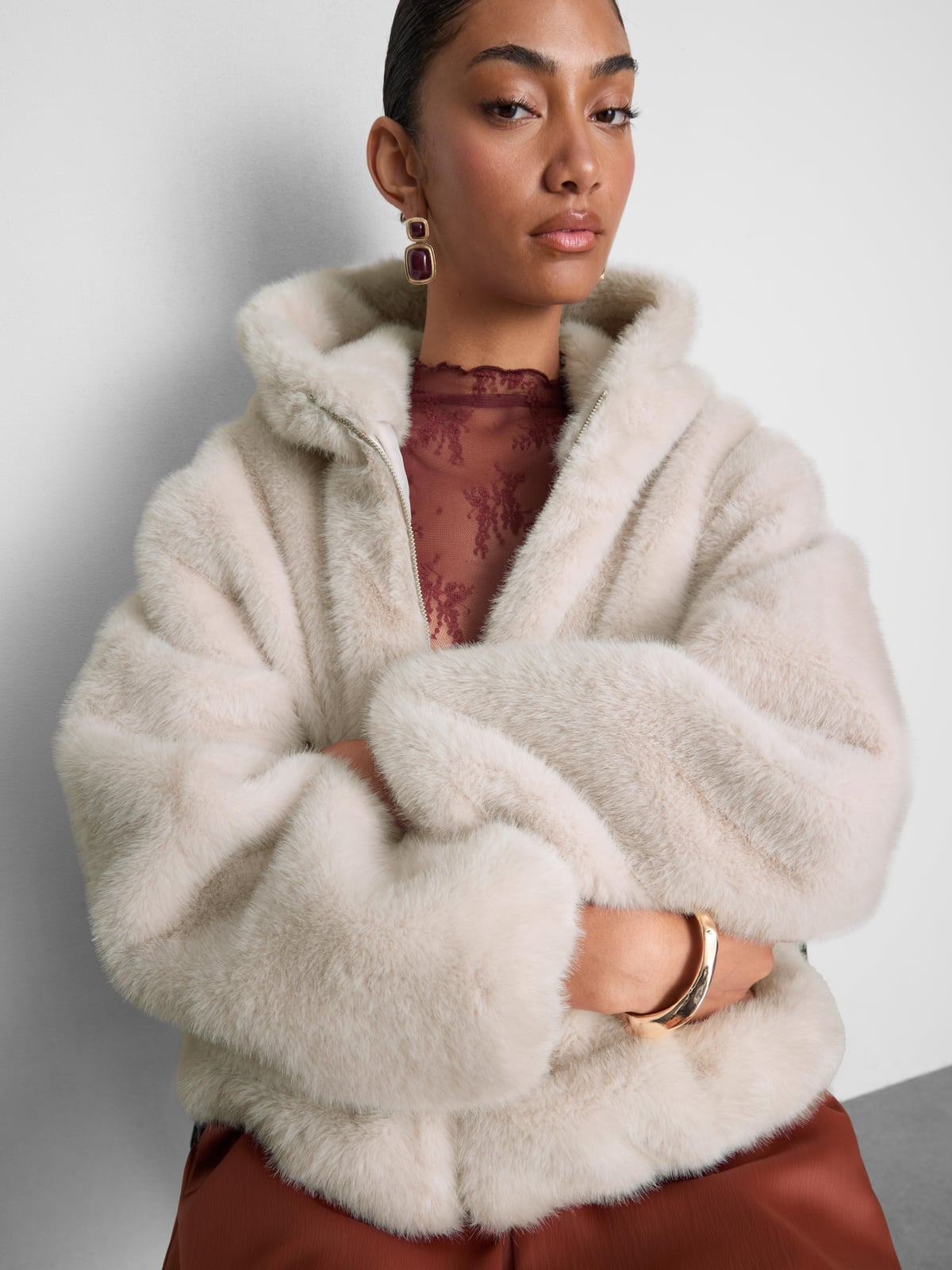 Cream Faux Fur Jacket With Hood — Elegant White Jacket Outfit