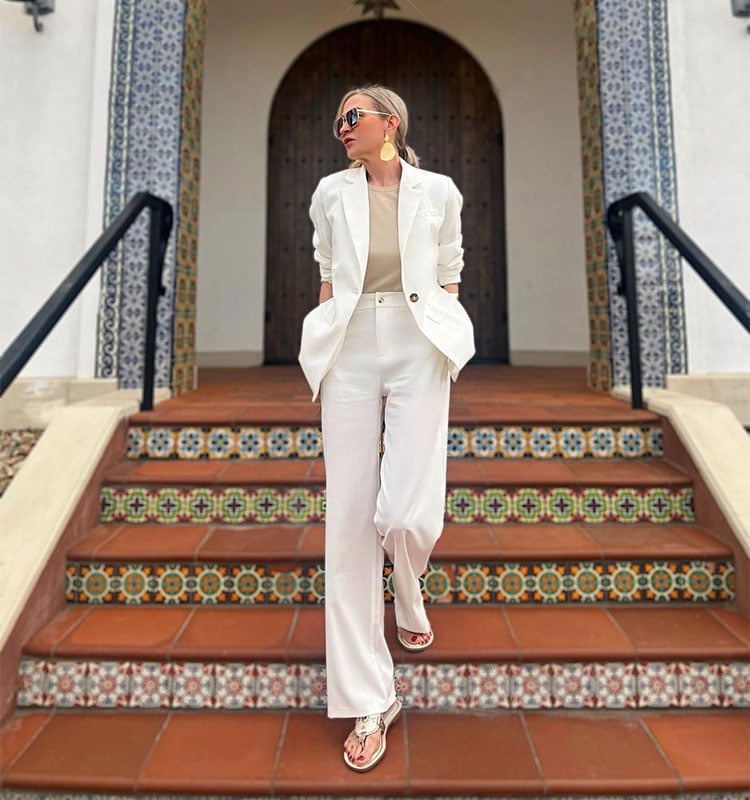 White Blazer With Wide Leg Trousers — Elegant White Jacket Outfit