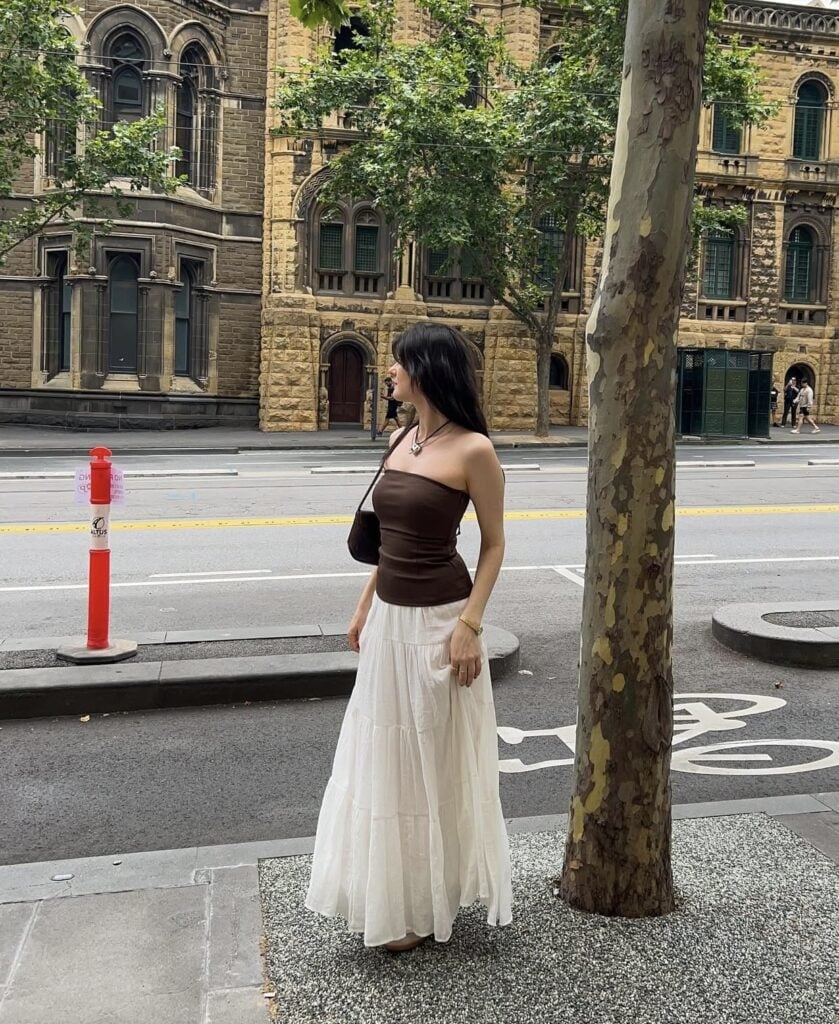 White Tiered Maxi Skirt With Brown Top White Tiered Maxi Skirt With Brown Top — Elegant White Maxi Skirt Outfit