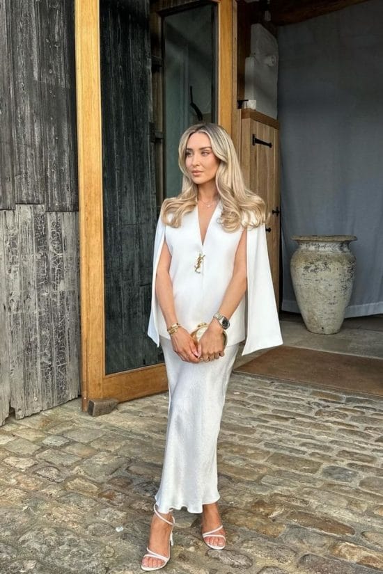 White Satin Maxi Skirt With Cape Blazer White Satin Maxi Skirt With Cape Blazer — Elegant White Maxi Skirt Outfit