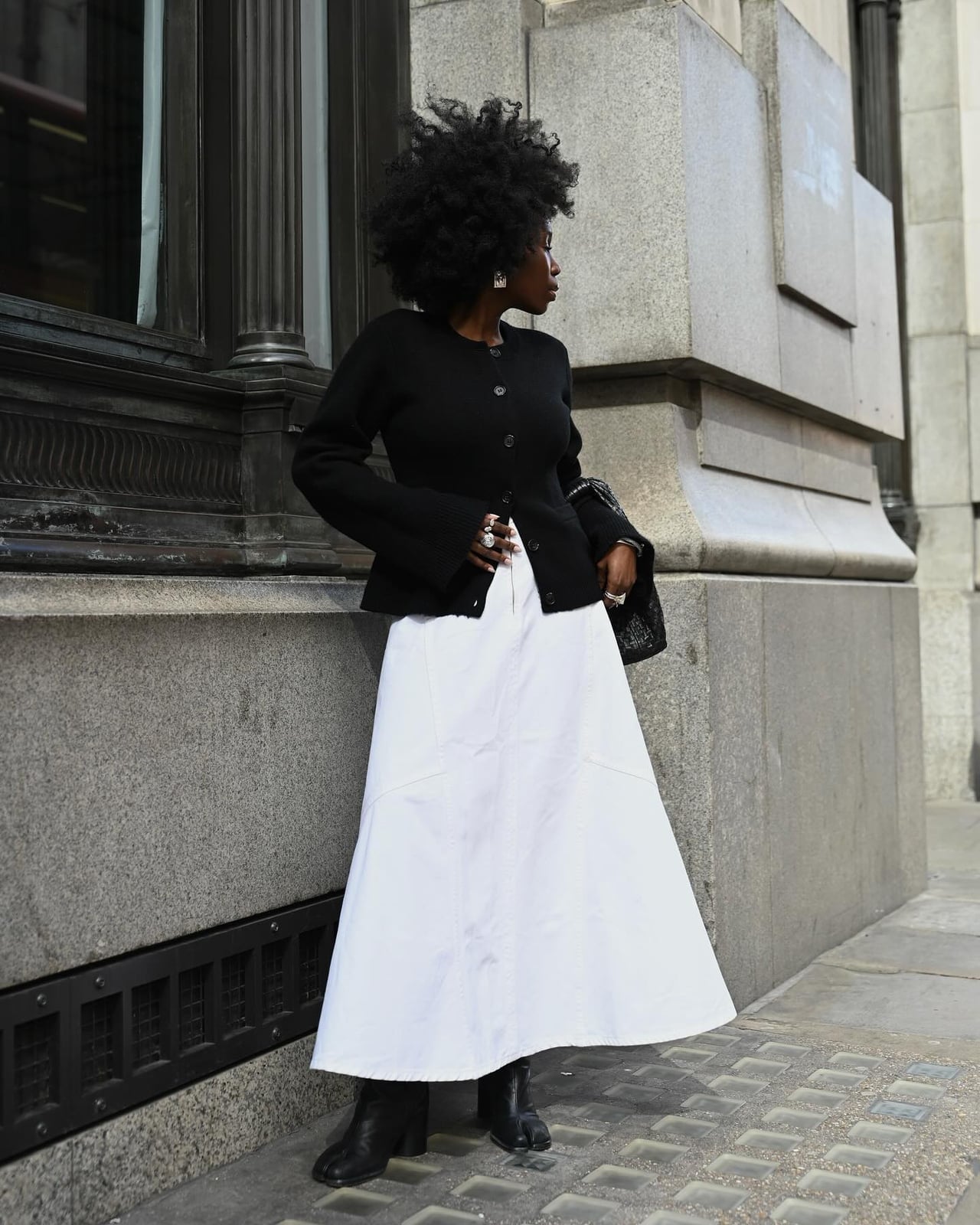 Black Cardigan With White A-line Maxi Skirt Black Cardigan With White A-line Maxi Skirt — Elegant White Maxi Skirt Outfit