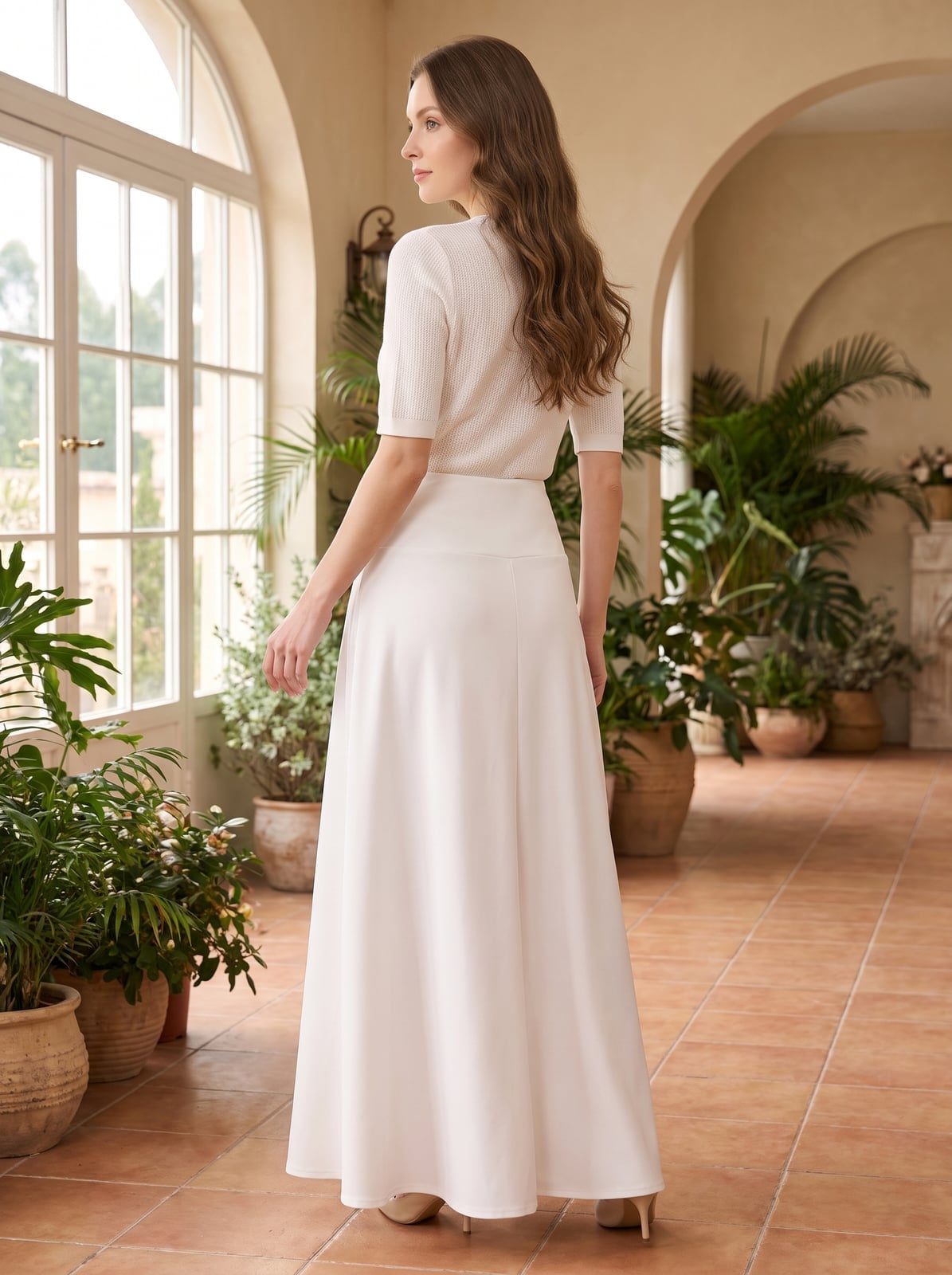 White Crepe Maxi Skirt With Knit Top White Crepe Maxi Skirt With Knit Top — Elegant White Maxi Skirt Outfit