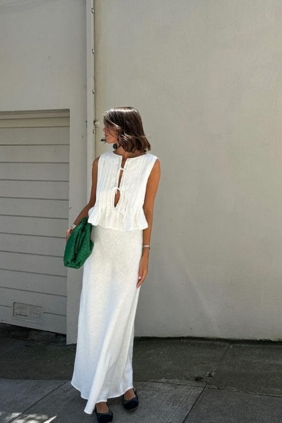 White Linen Maxi Skirt With Ruffled Top White Linen Maxi Skirt With Ruffled Top — Elegant White Maxi Skirt Outfit