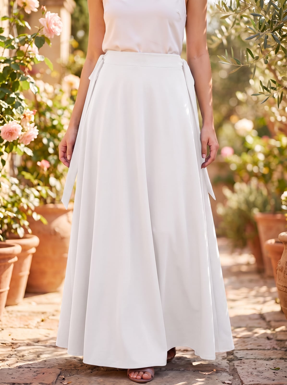 White Cotton Maxi Skirt With Tie Waist White Cotton Maxi Skirt With Tie Waist — Elegant White Maxi Skirt Outfit