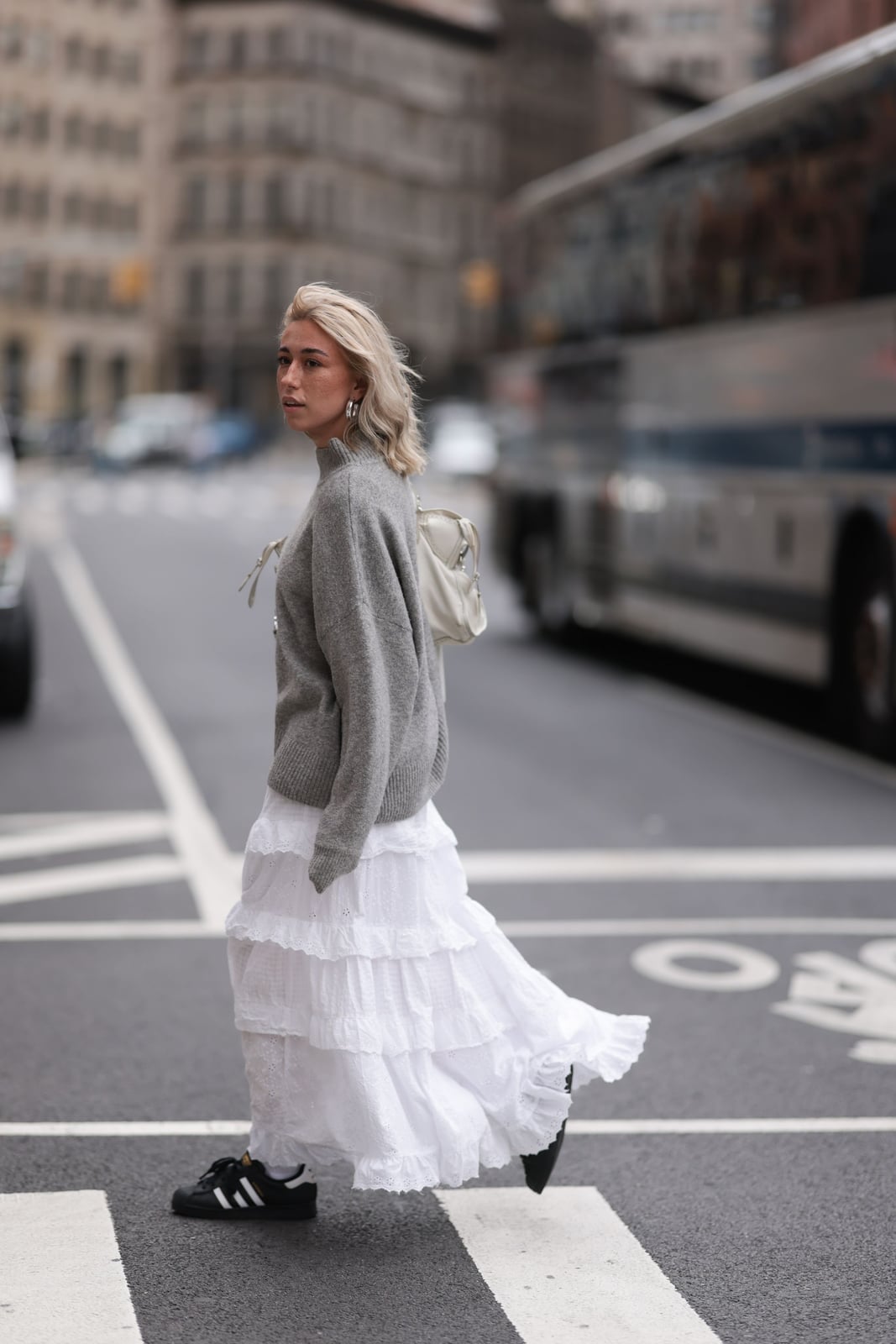 White Tiered Maxi Skirt With Grey Sweater White Tiered Maxi Skirt With Grey Sweater — Elegant White Maxi Skirt Outfit