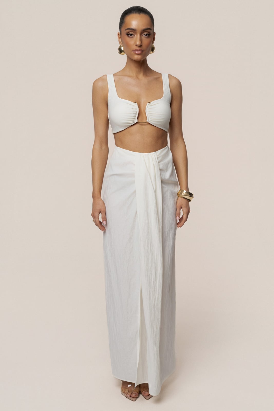 White Draped Maxi Skirt With Bandeau Top White Draped Maxi Skirt With Bandeau Top — Elegant White Maxi Skirt Outfit