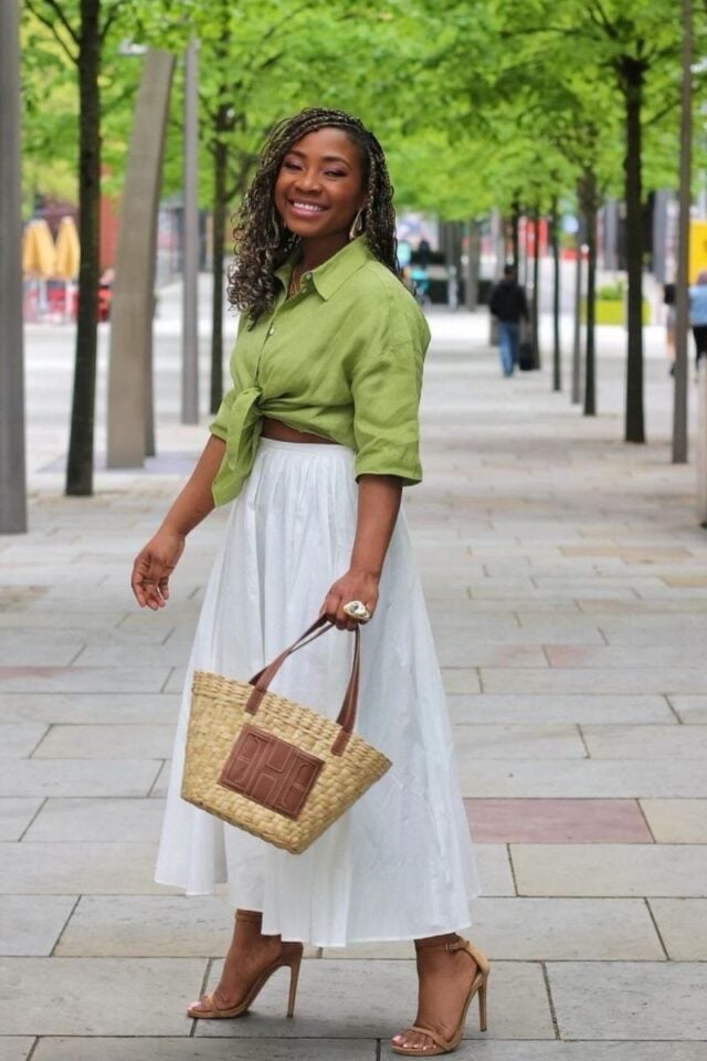 White Maxi Skirt With Green Tie-Front Shirt White Maxi Skirt With Green Tie-Front Shirt — Elegant White Maxi Skirt Outfit