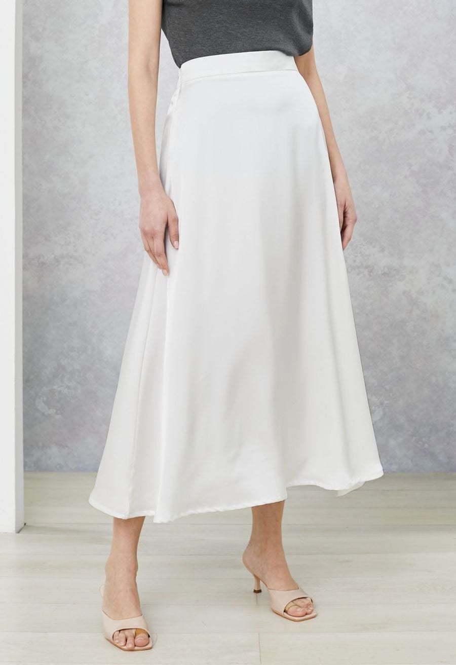 White Satin Flare Maxi Skirt White Satin Flare Maxi Skirt — Elegant White Maxi Skirt Outfit