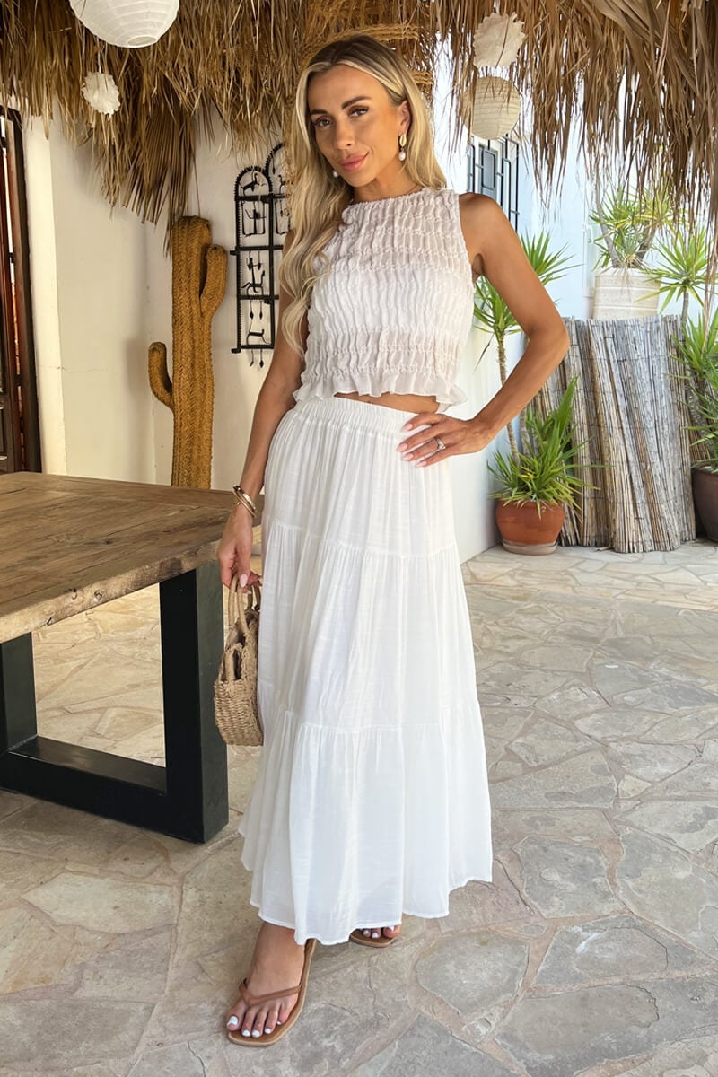 White Gauze Maxi Skirt With Smocked Top White Gauze Maxi Skirt With Smocked Top — Elegant White Maxi Skirt Outfit