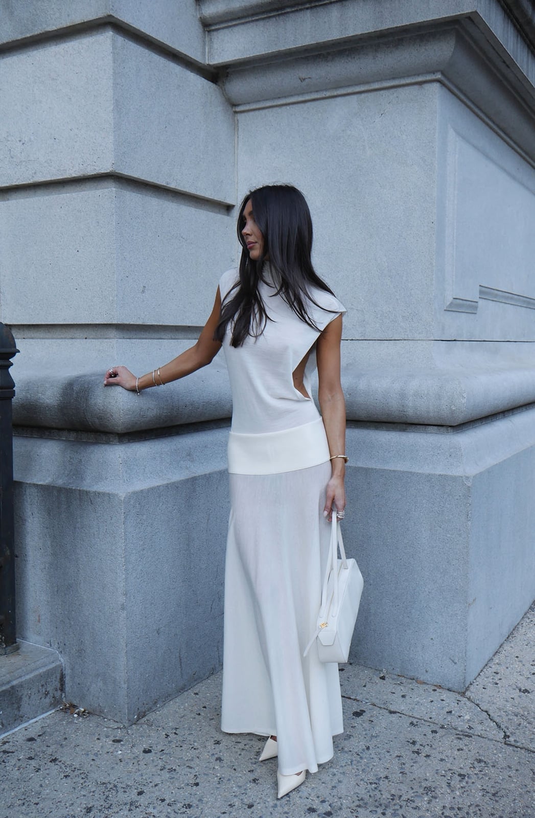 White Mock Neck Top With White Maxi Skirt White Mock Neck Top With White Maxi Skirt — Elegant White Maxi Skirt Outfit