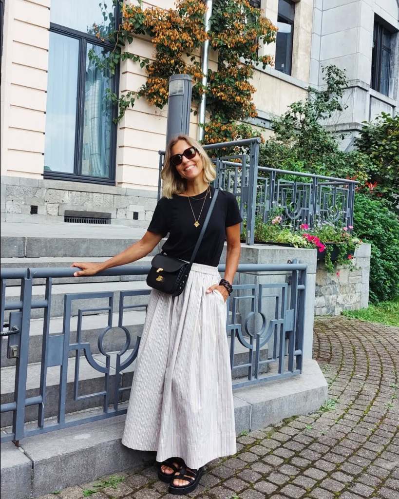 Striped Maxi Skirt With Black T-shirt Striped Maxi Skirt With Black T-shirt — Elegant White Maxi Skirt Outfit