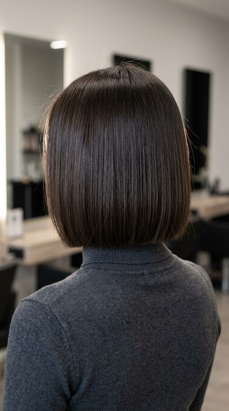 chin-length blunt bob with deep espresso ash brown, no layers — professional