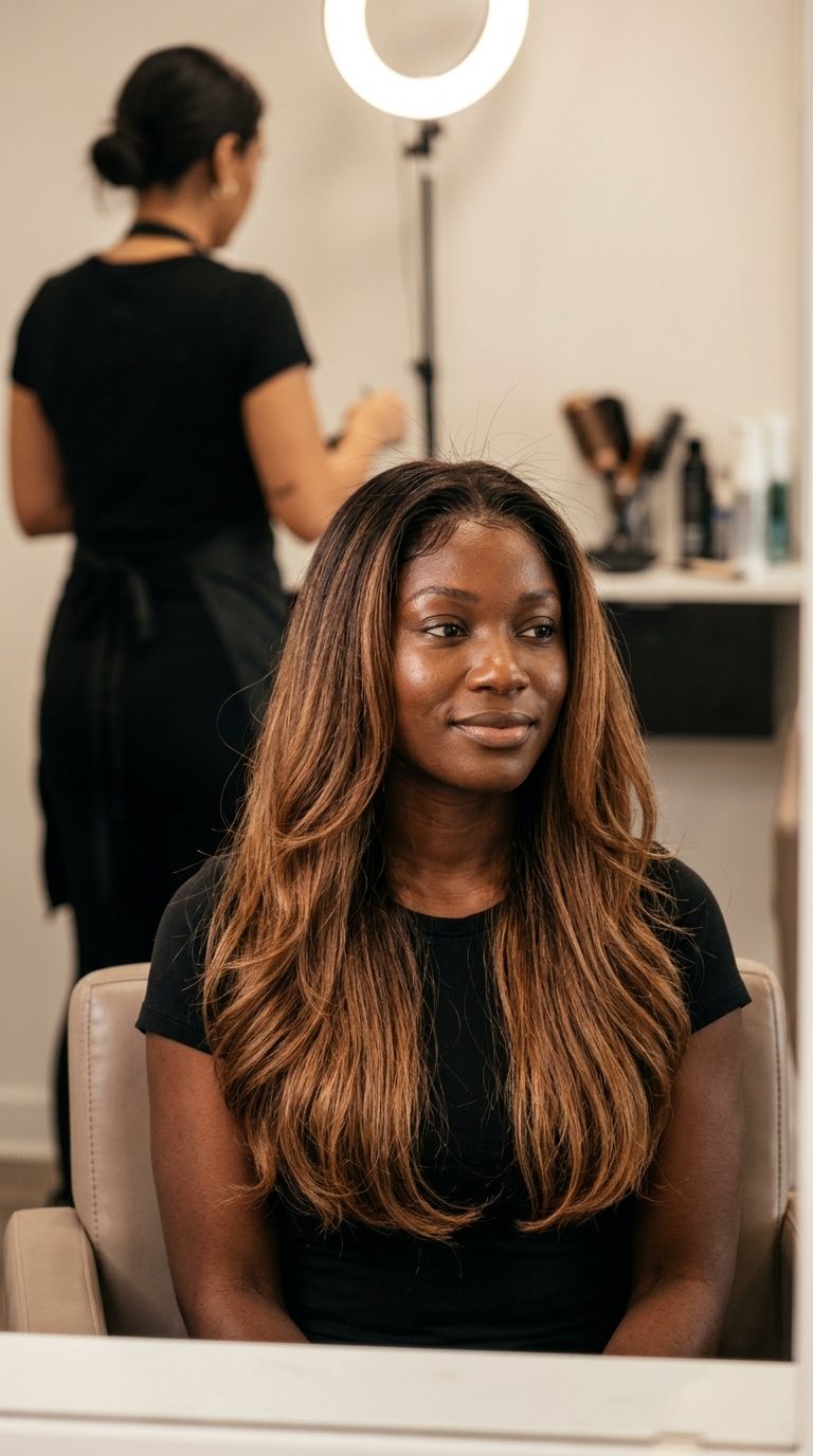 long cascading ombré from espresso to bronze to caramel, soft layers, subtle face-framing for date night