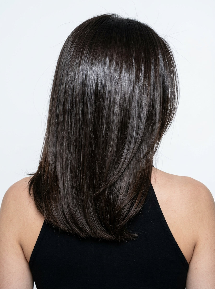 long one-length espresso brown hair with gloss, all-over color technique, no fringe — professional summer event style