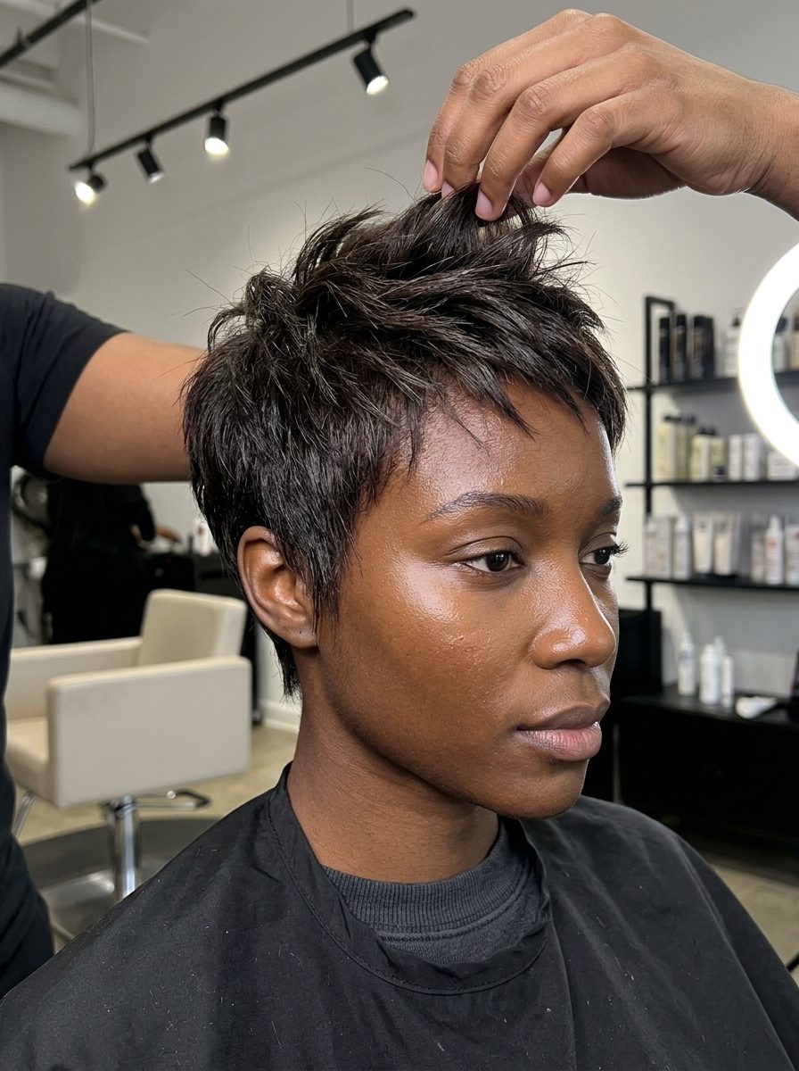 Espresso Brown Pixie Cut 2026 short espresso brown pixie cut with razored layers and side-swept fringe — chic & bold
