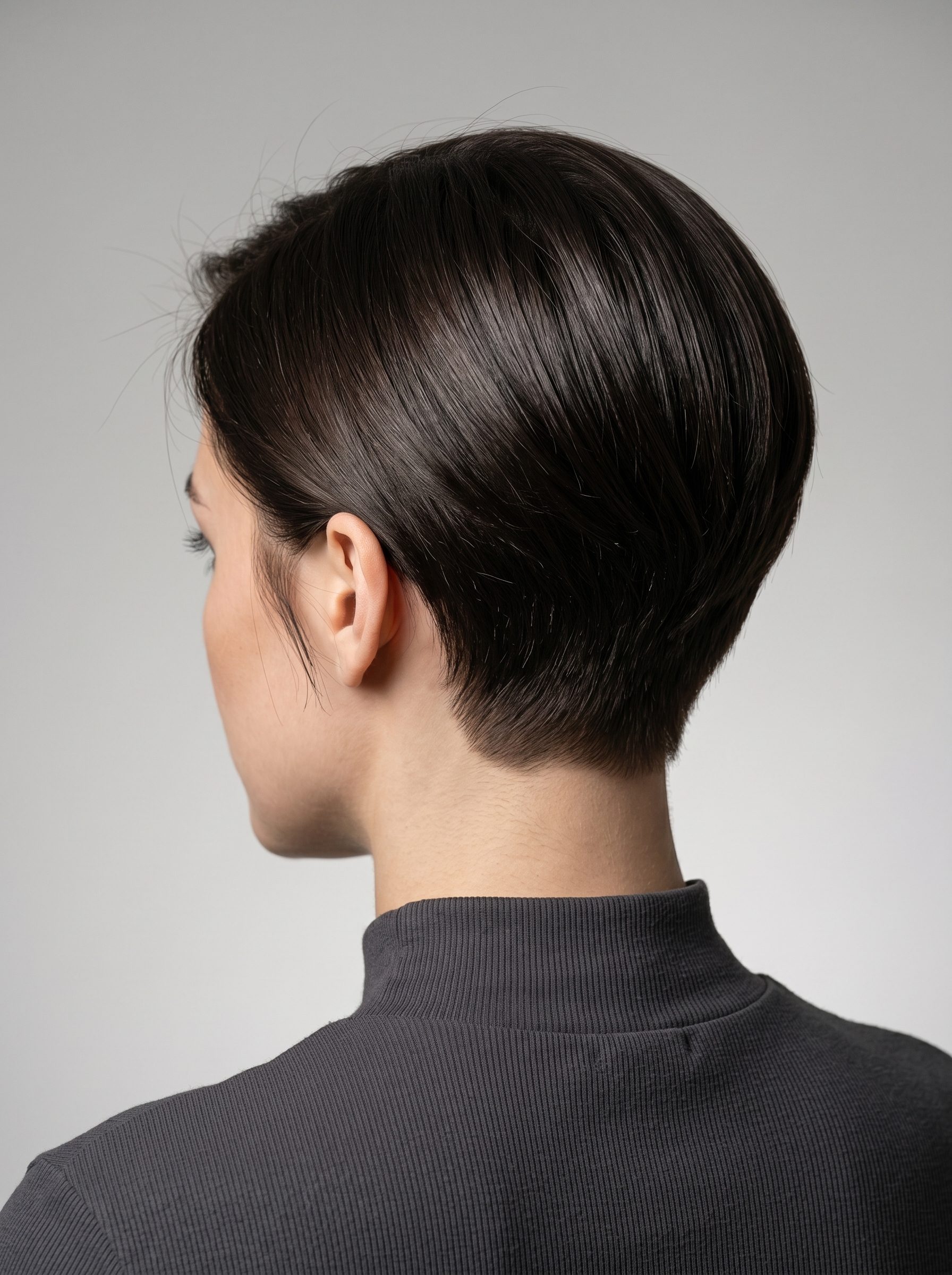 very short pixie haircut with espresso brown, polished lines and slight asymmetry for professional look