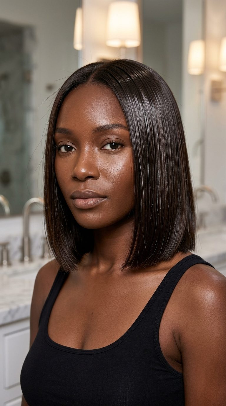 chin-length blunt lob deep espresso with chocolate undertones, high-gloss finish, sleek look for evening