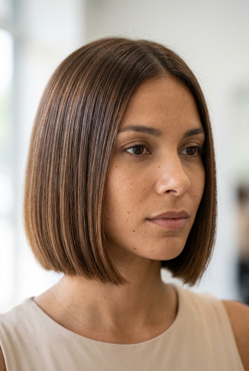 chin-length blunt bob with toasted almond brunette and high gloss for summer 2026