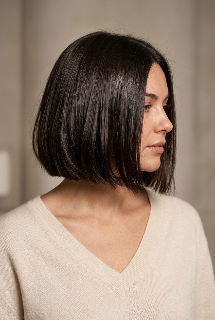 chin-length espresso brunette bob with internal layers and blunt perimeter for summer