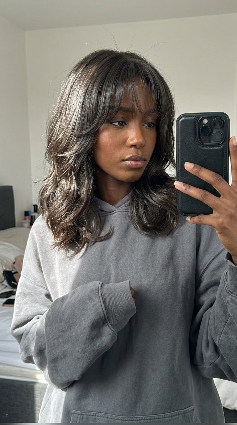collarbone-length wavy shag haircut in espresso brunette with subtle lowlights, fluid layers, and brow-skimming fringe for sleek
