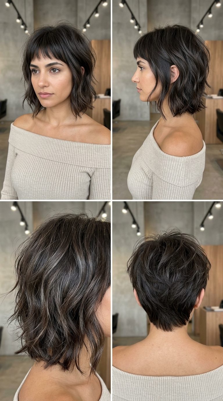 jaw-length wavy shag haircut in espresso brunette with ash lowlights, choppy layers, and micro-fringe for edgy