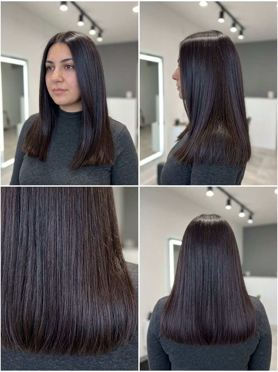 long blunt cut hair in deep cool espresso with blue-violet undertones — sophisticated sultry style