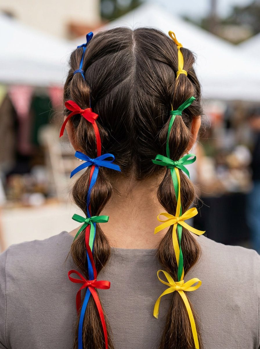 long espresso brunette hairstyles with playful ribbon bubble braids for summer parties