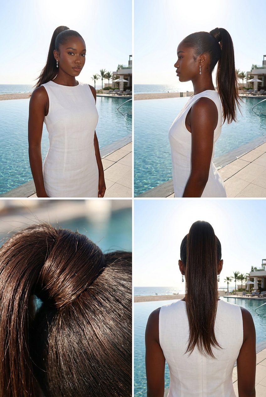 long espresso brunette sleek high ponytail with wrap detail for summer 2026