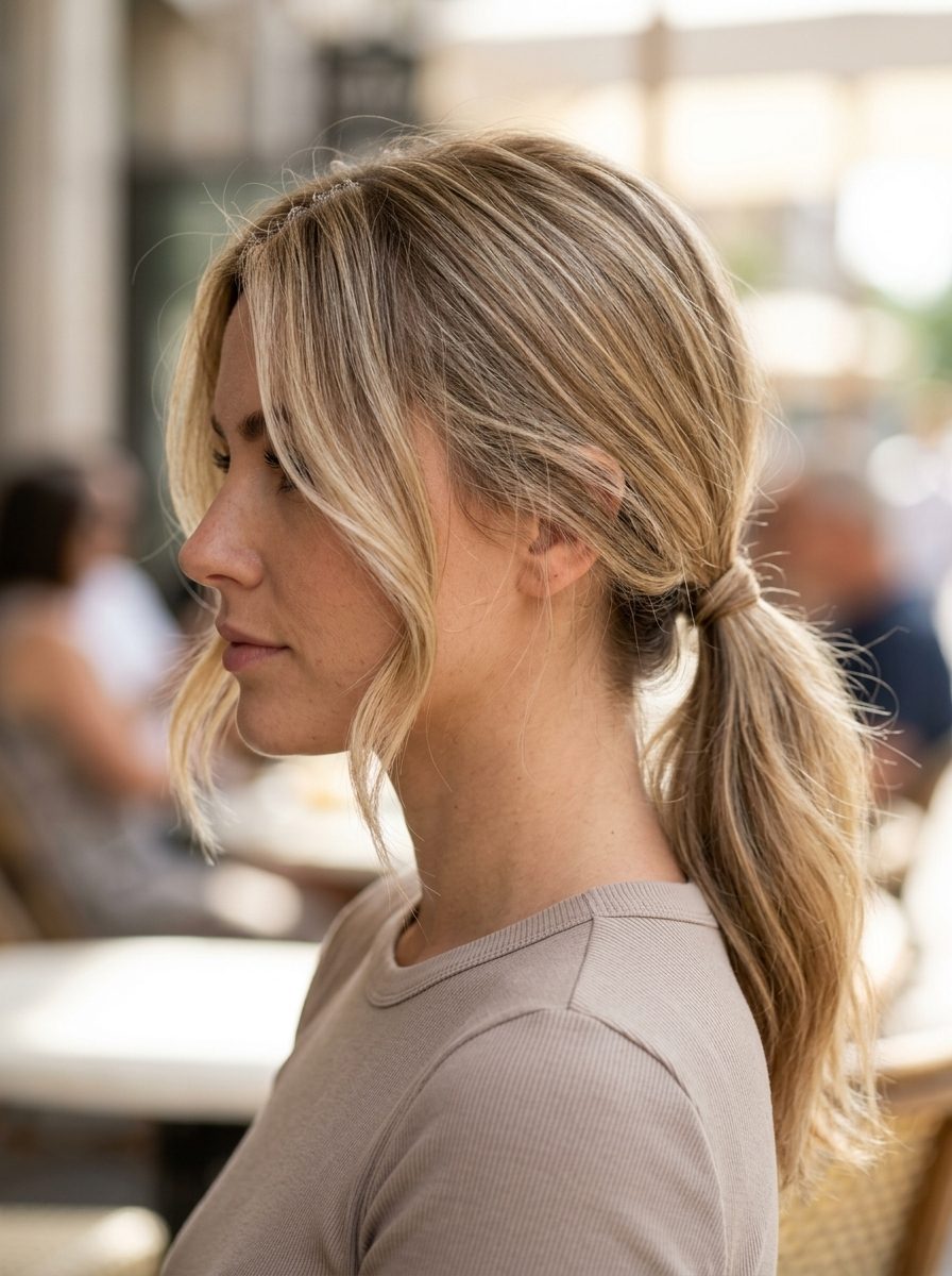 long espresso brunette ponytail with caramel babylights, chin-length tendrils, for brunch
