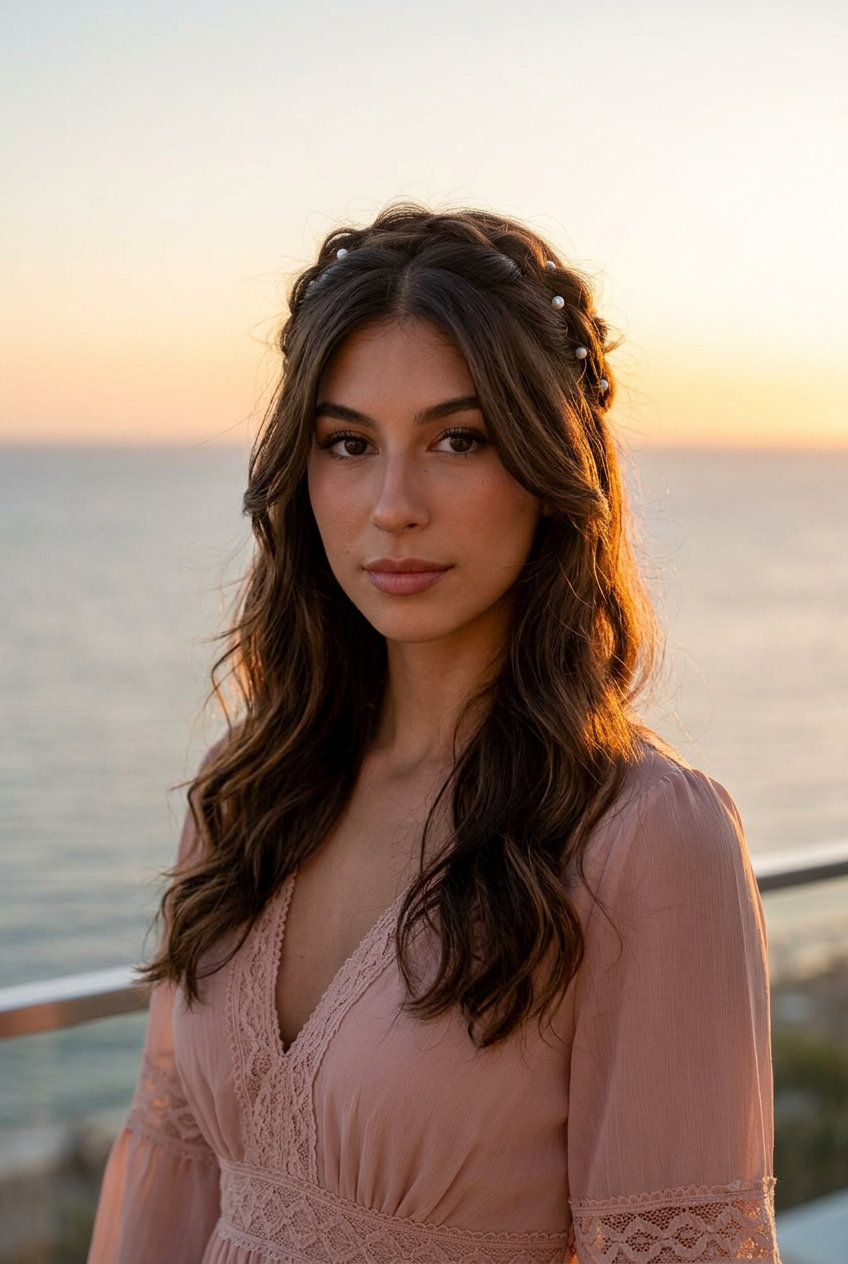 long espresso brunette shag haircut, half-up twisted crown — romantic bohemian
