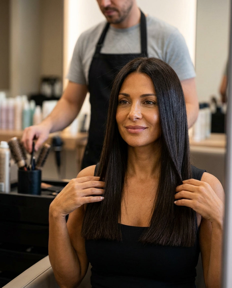long single-length haircut in rich espresso brunette with cool mocha ribbons, blunt cut perimeter — powerful