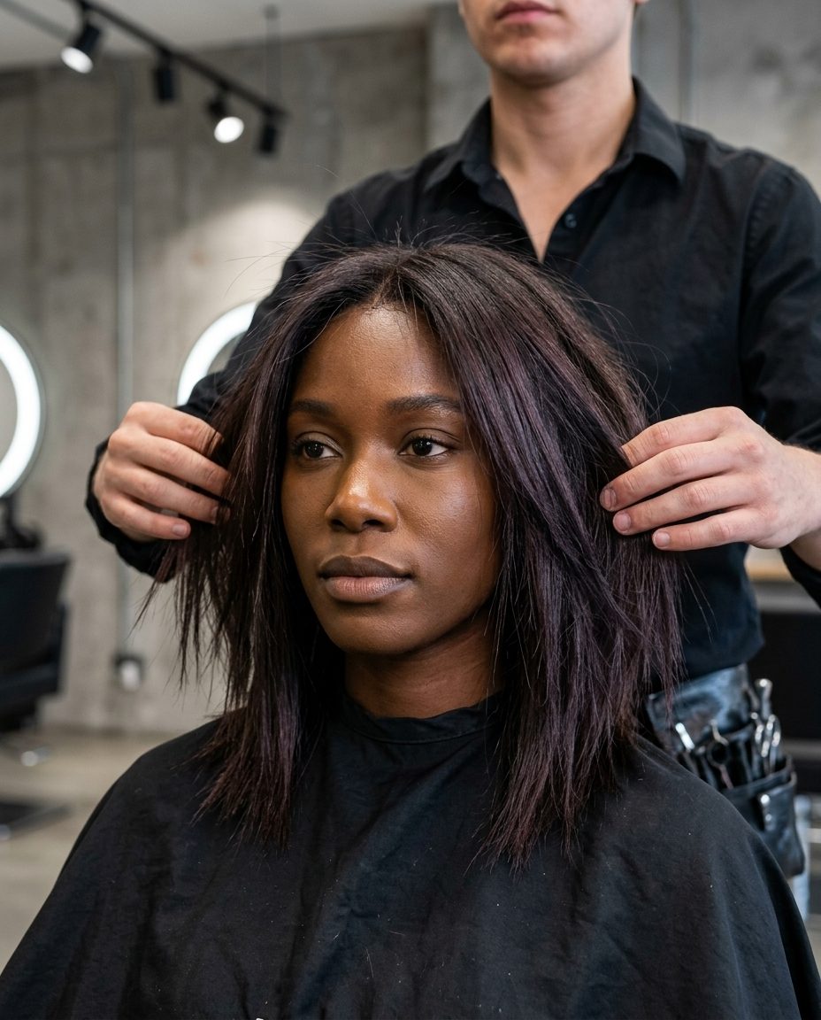 Grunge Spiky Lob Haircut 2026 medium espresso brunette lob with root shadow and violet-red undertones for a bold night out