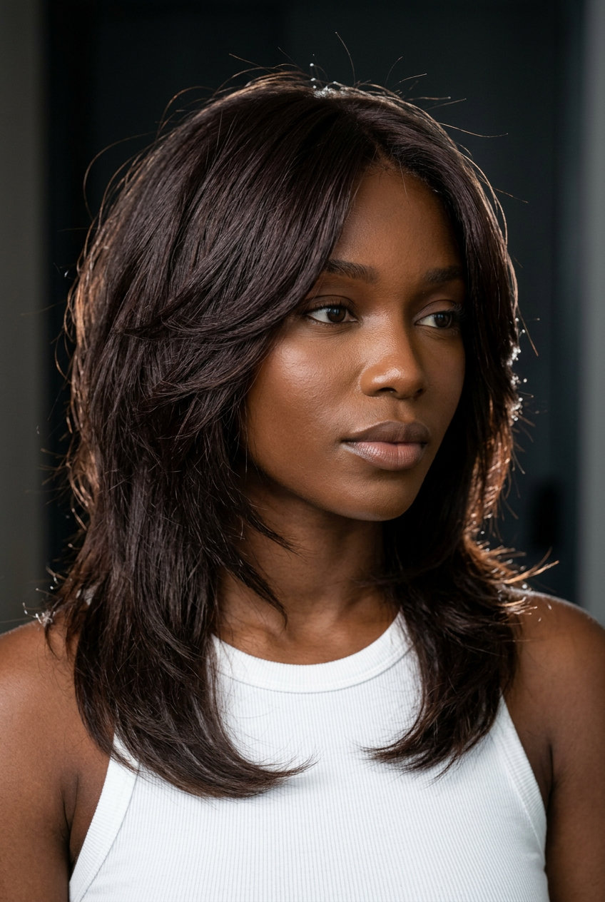 medium-long wolf cut in espresso brunette, cool mahogany undertones, choppy layers — professional modern