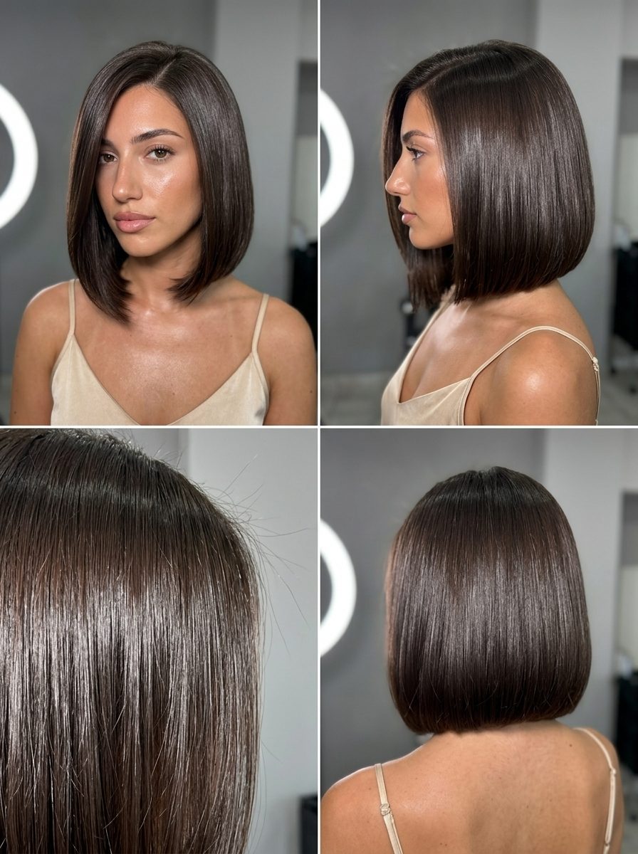 short blunt bob haircut with espresso roast brunette, clean perimeter, beveled ends — bold and sophisticated