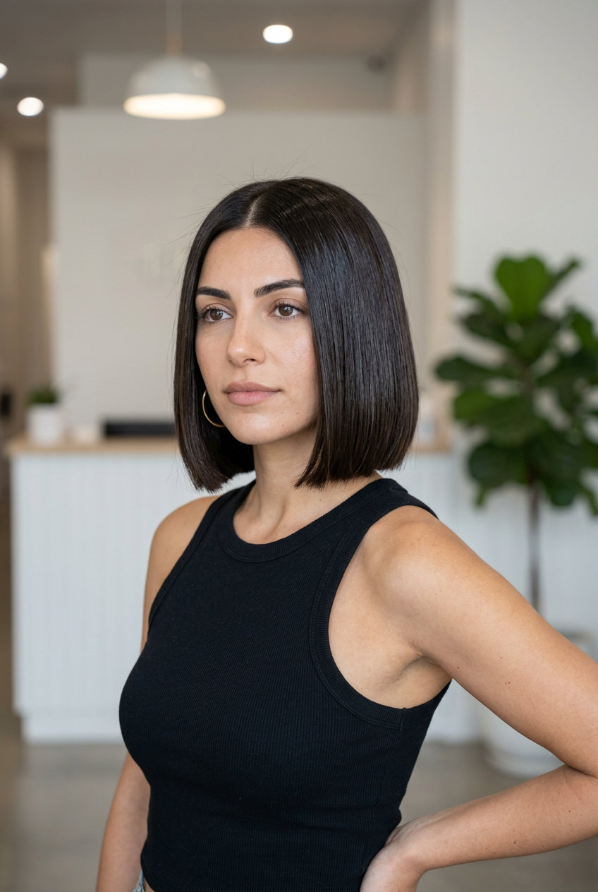 short blunt bob haircut in espresso roast brunette with cool undertones, high-gloss finish — professional and chic
