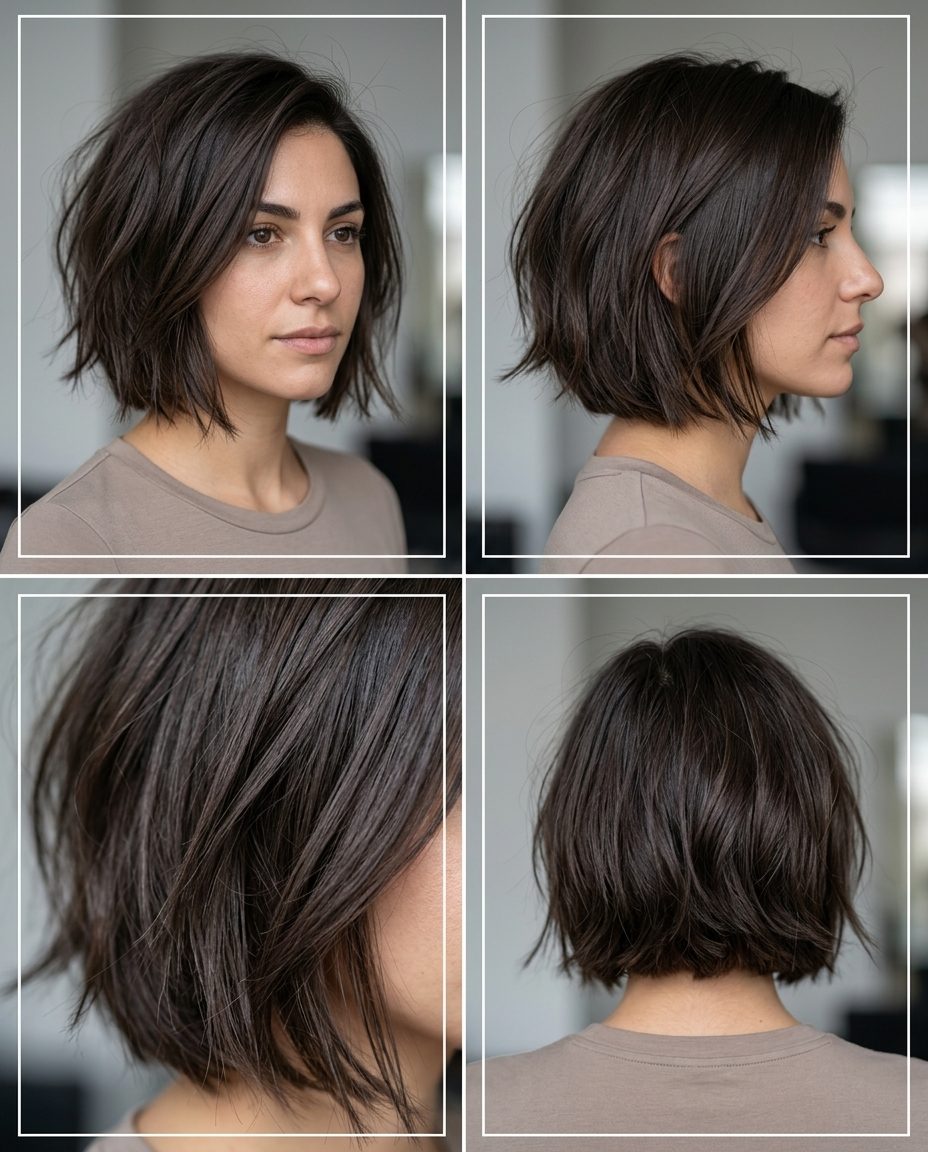 short rich espresso brunette textured bob with deep side part, piecey texture, edgy chic