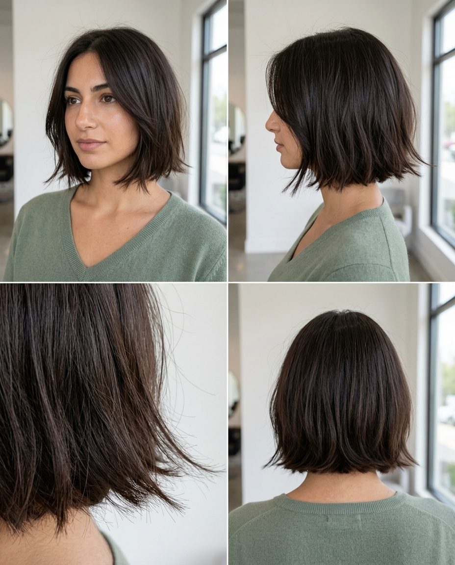 short French bob haircut in espresso roast brunette, face-framing layers, point-cut ends — playful and effortless