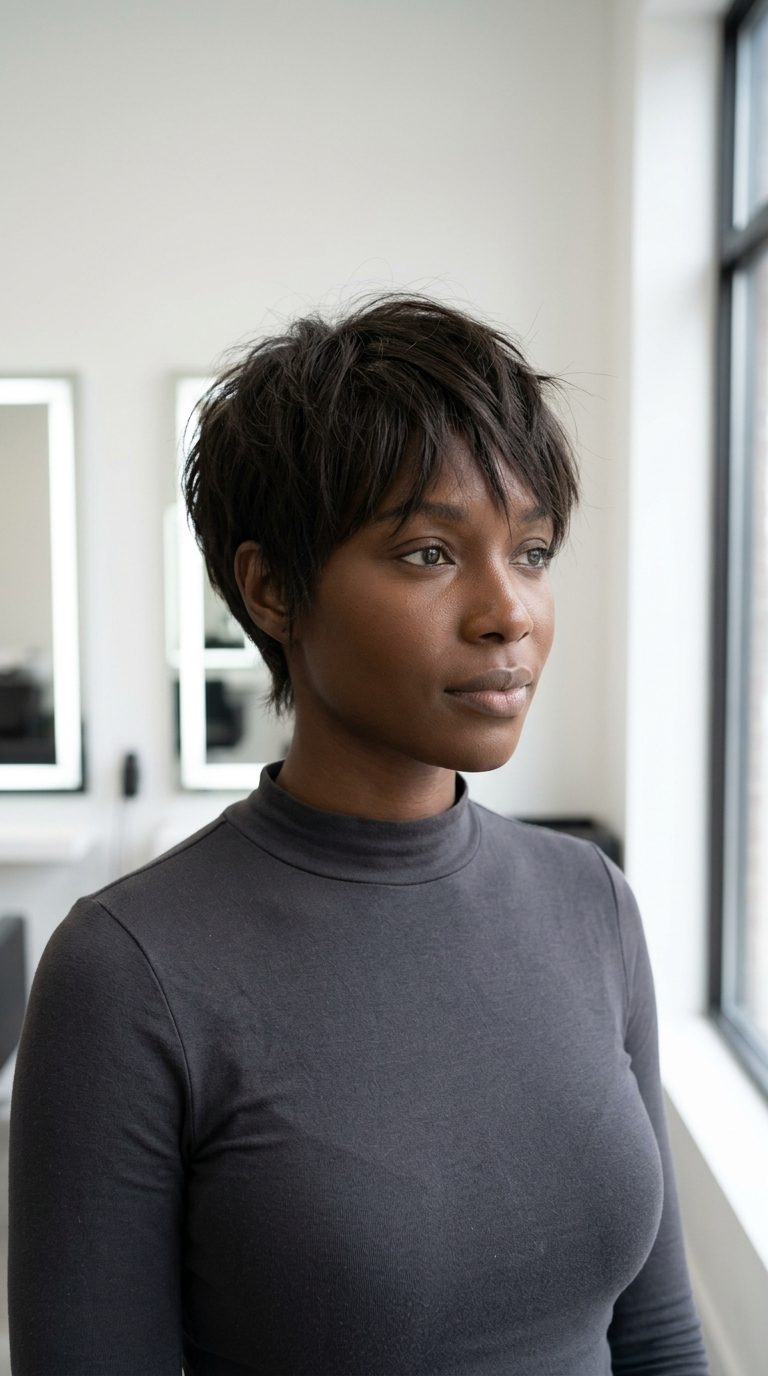 short pixie haircut in deep espresso brunette, razored texture, wispy perimeter — minimalist edgy style